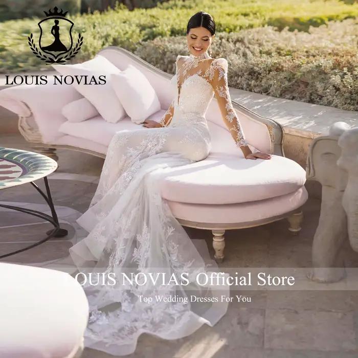 LOUIS NOVIAS robes De mariée sirène pour femmes col rond Appliques paillettes Illusion brosse Train robe