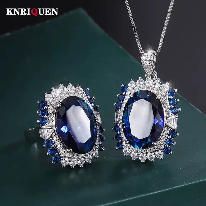 Collier et bague en saphir élégants pour femmes, bijoux de luxe pour mariage et occasions spéciales