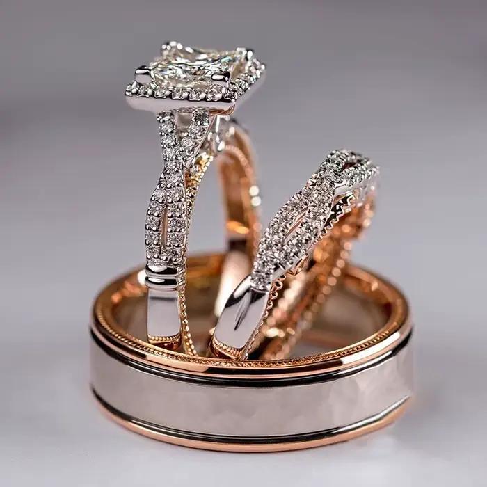 Ensembles de matiques en diamant de laboratoire en or rose 18 carats pour hommes et femmes