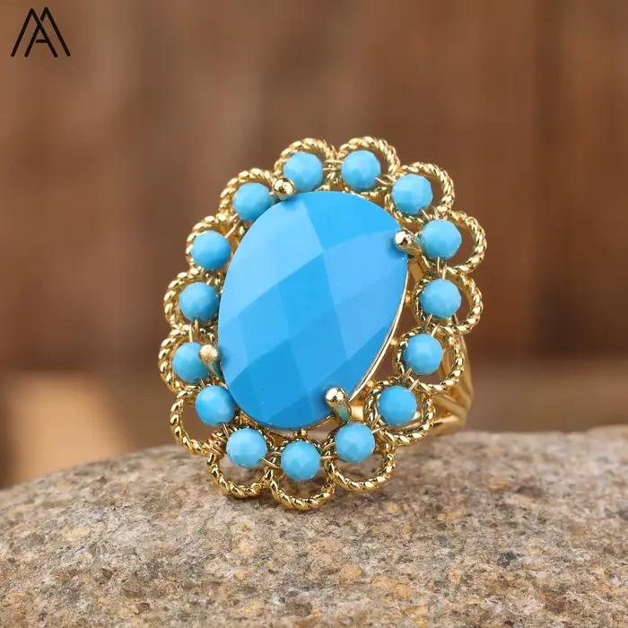 Bagues de déclaration bleu Turquoise pour femmes, style bohémien, pierres précieuses naturelles, réglables, de styliste, bijoux cadeaux pour fête de mariage