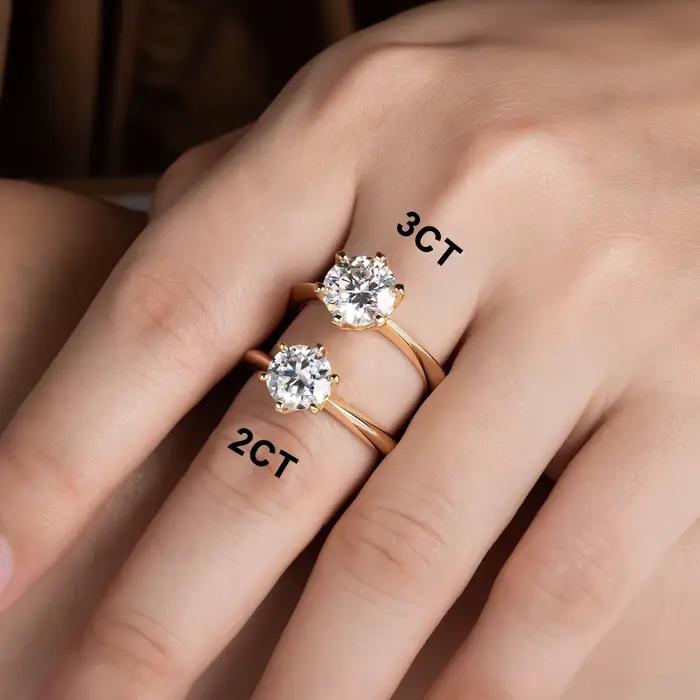 Plaqué or jaune 2ct 3ct D couleur Moissanite bagues de fiançailles Solitaire pour les femmes avec Cer bijoux