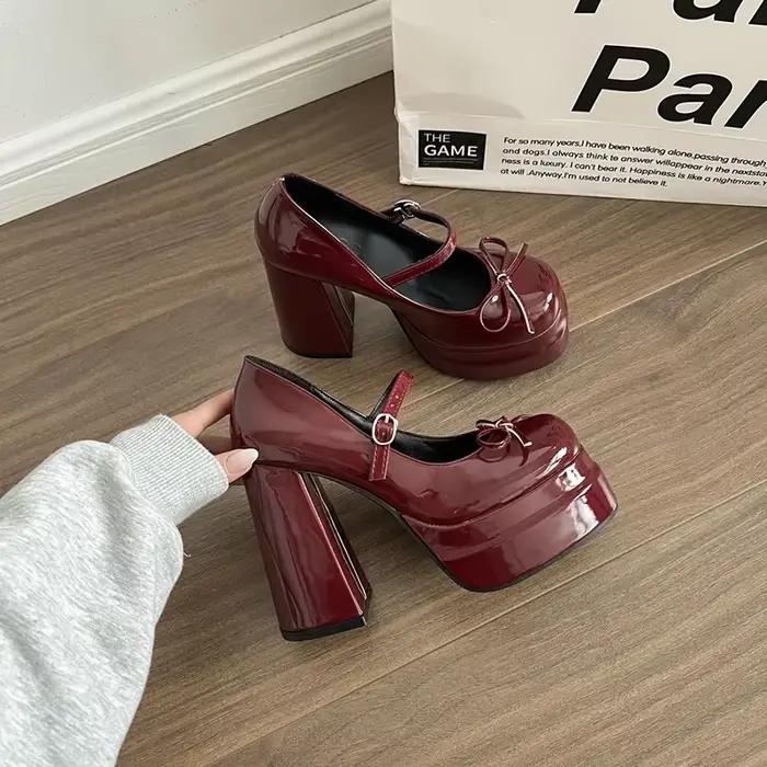 Chaussures à plateforme et talons hauts carrés pour femmes, chaussures Mary Jane à la mode avec nœud papillon, chaussures de fête de mariage, printemps-automne
