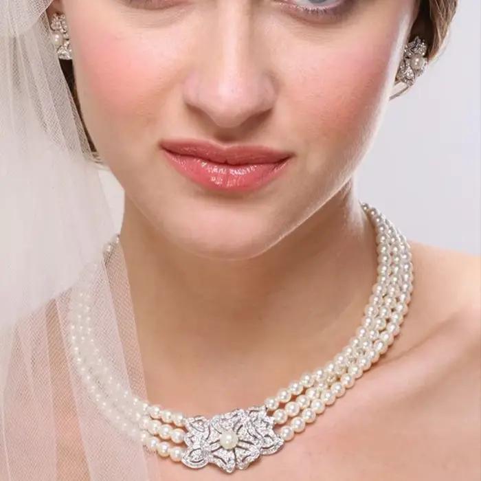 Ensemble de bijoux de mariage avec perles et acier inoxydable pour femmes occasions spéciales collier boucles doreilles bracelet style français