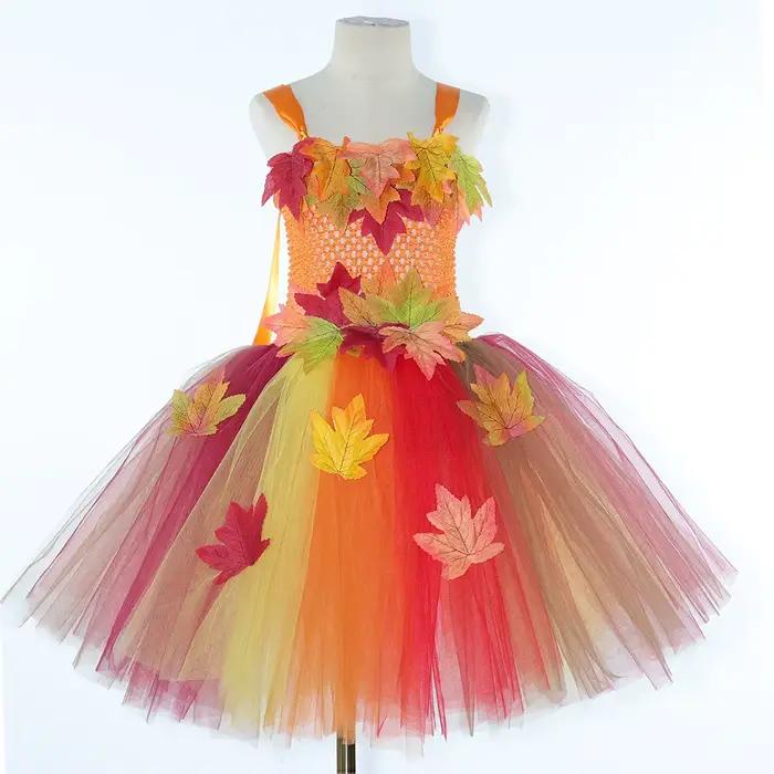 Robes d'automne à motifs feuilles d'érable pour filles, costumes de fée des bois pour Halloween avec ailes de papillon et baguette magique, tenue de carnaval de Thanksgiving