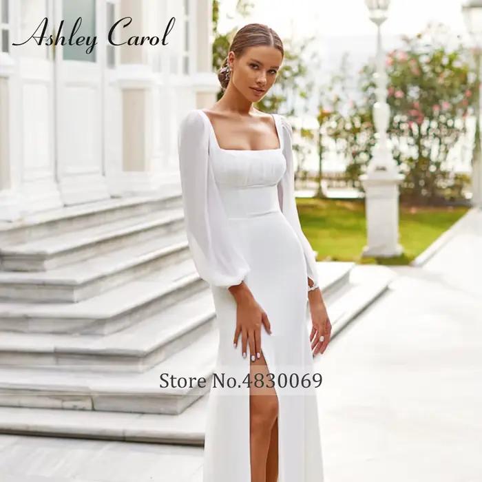Ashley Carol Robe de Mariée Sirène Col Carré Dos Nu Manches Bouffantes Mousseline de Soie Ourlet Fendu Occasions Spéciales