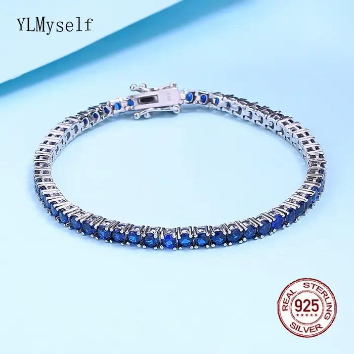 3 mm Montana bleu Semi cubique Zircon beau réel 925 bijoux pour femmes/hommes solide pur argent 15-21 cm Bracelet de Tennis