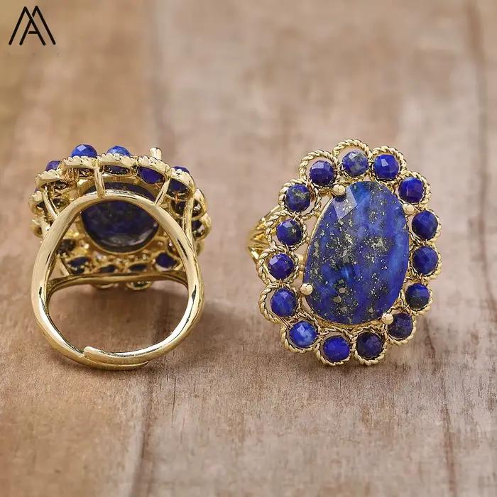 Bagues de déclaration bleu Turquoise pour femmes, style bohémien, pierres précieuses naturelles, réglables, de styliste, bijoux cadeaux pour fête de mariage