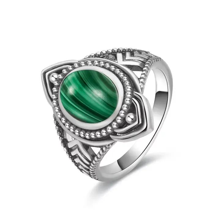 Bague vintage en argent sterling S925 avec malachite naturelle, design rétro et élégant pour femmes et hommes, idéal pour soirées, mariages et célébrations familiales