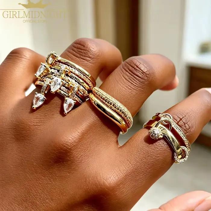 Bague de fiançailles empilable en forme de goutte d'eau pour femmes, ensemble de mariée avec micro pavé glacé 5A CZ, plaqué or 18 carats, bijou d'occasion spéciale et engagement