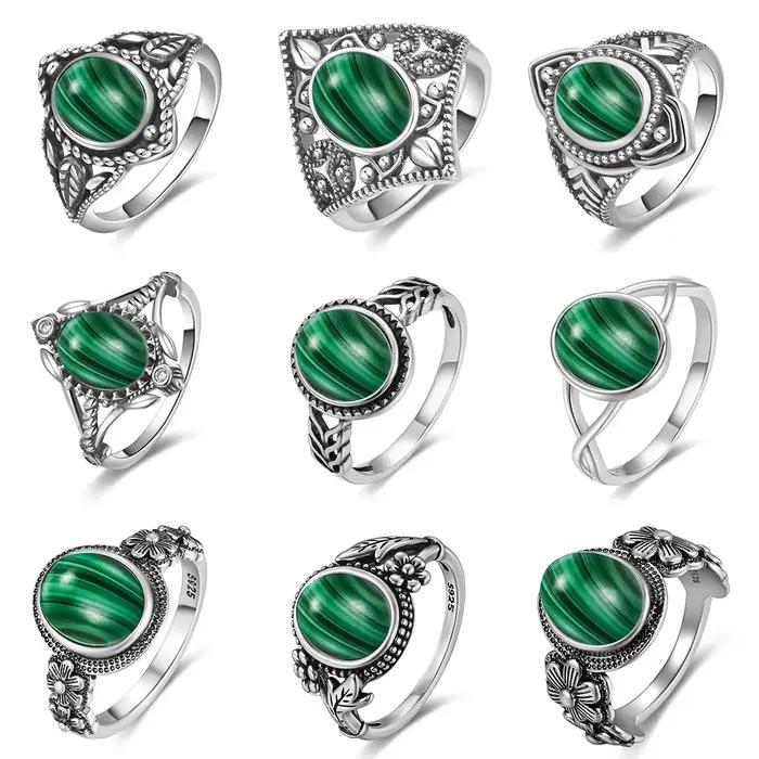 Bague vintage en argent sterling S925 avec malachite naturelle, design rétro et élégant pour femmes et hommes, idéal pour soirées, mariages et célébrations familiales