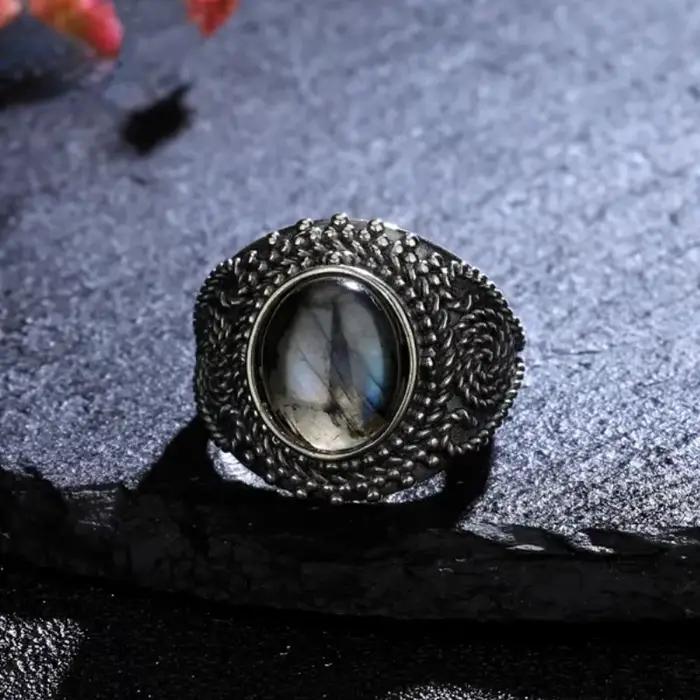 Bague en Lapis Lazuli et Labradorite plaquée argent 925 pour femmes, alliance vintage sculptée, pierre naturelle, cadeau pour mariages et anniversaires
