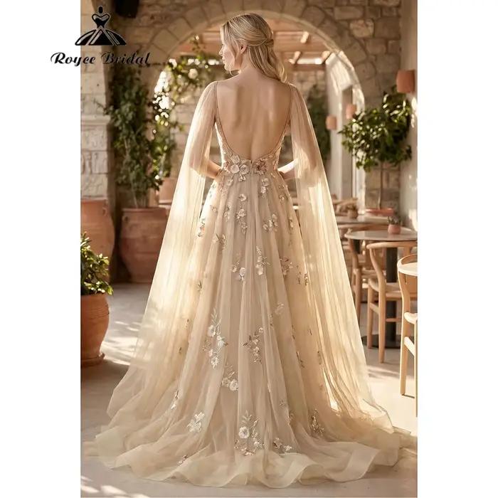 Robe de mariée romantique Roycebridal en tulle brodé floral à col en V