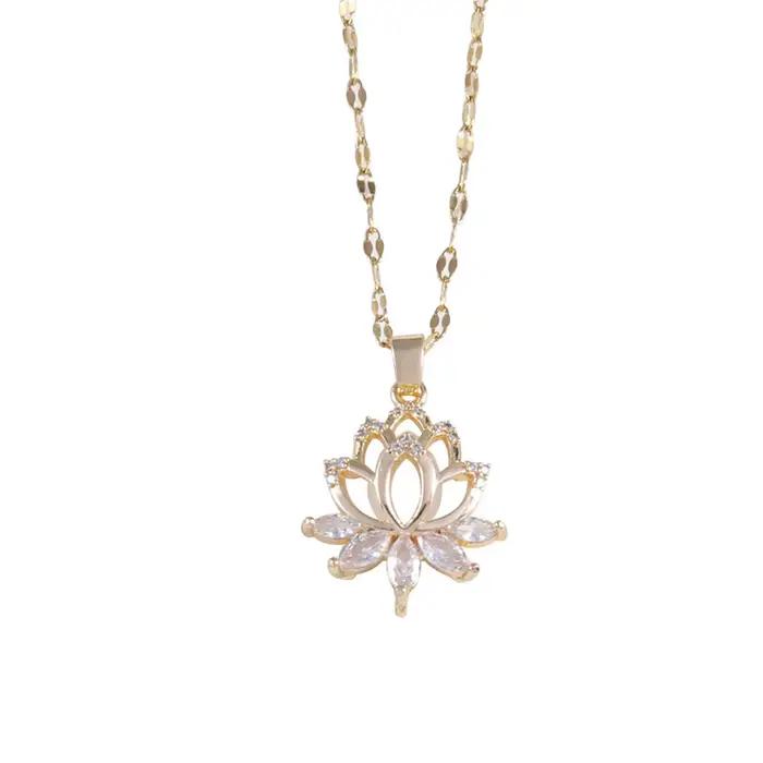 Collier de luxe en cristal de zircon blanc pour femmes pendentif fleur de lotus vintage couleur or bijoux de mariage pour femmes occasions spéciales