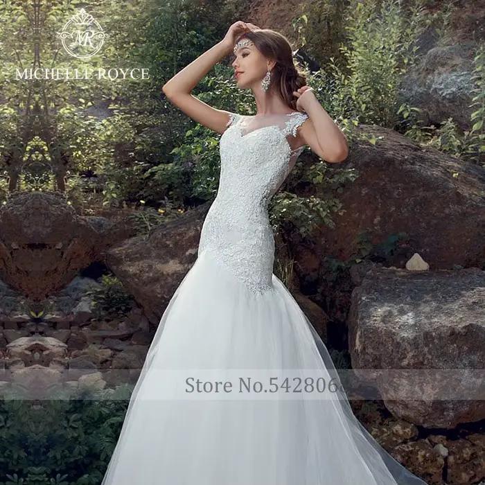 Robe de mariée Michelle Royce Sirène avec Appliques et Bouton Illusion Longueur au Sol pour Femmes Occasions Spéciales