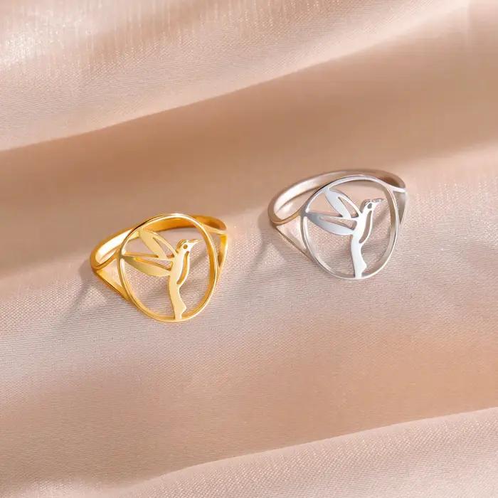 Bague ronde en acier inoxydable pour femme, bijoux fantaisie, papillon, phénix, oiseau, chat, chien, patte, hirondelle, cadeau, animal, document doré