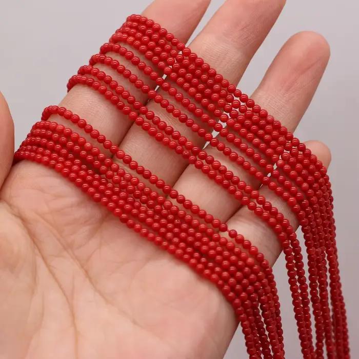 Perles à facettes en corail AAA, rondes rouges brillantes pour la fabrication de bijoux, collier, Bracelet, accessoires, cadeaux, 2mm, vente en gros