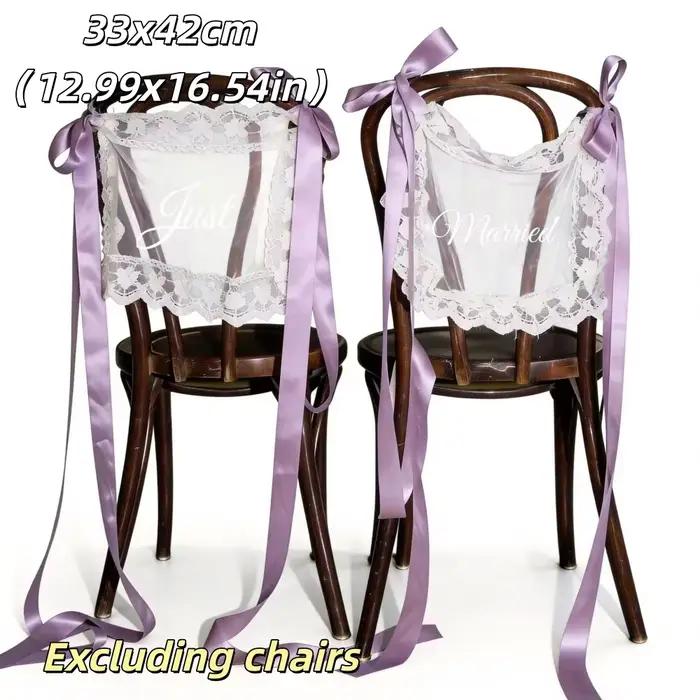 2 pièces de décorations en dentelle pour dossier de chaise de mariage, avec ruban et enseignes 'Just Married' pour chaises de mariés, bannières en dentelle transparente