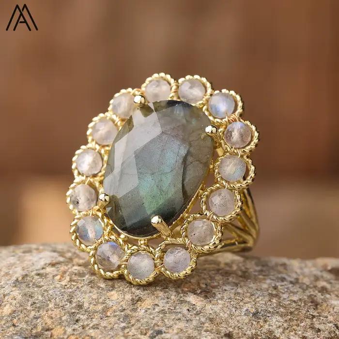 Bagues de déclaration bleu Turquoise pour femmes, style bohémien, pierres précieuses naturelles, réglables, de styliste, bijoux cadeaux pour fête de mariage