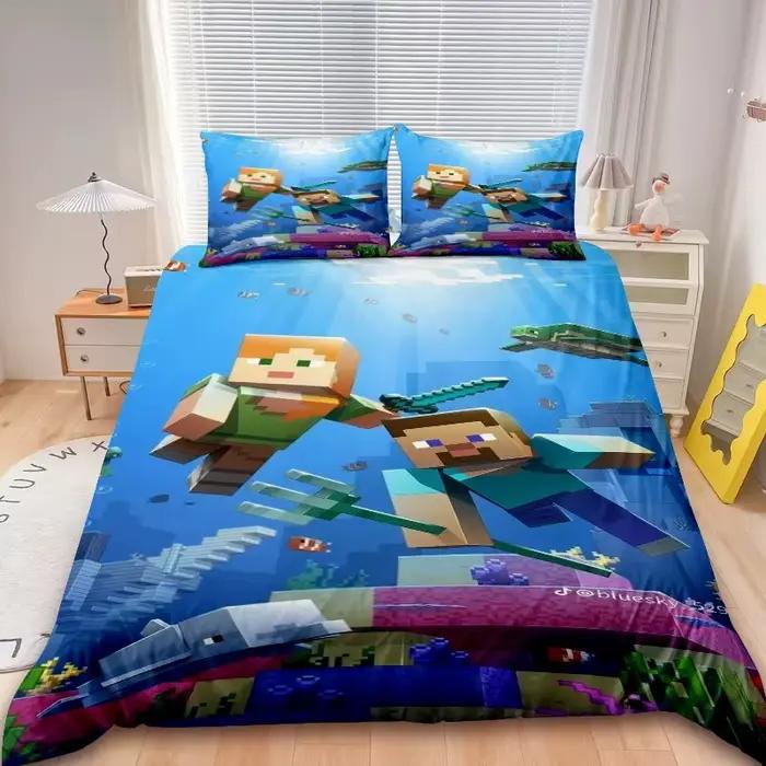 Ensemble de housse de couette Minecraft pour enfants, 2/3 pièces, ensemble de literie Game My World, housse de couette pour garçons, décoration de chambre à coucher, cadeaux