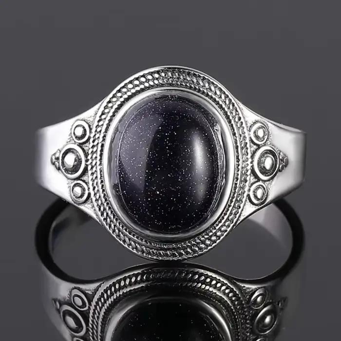Bague en grès bleu naturel 8x10MM pour femmes, bijoux en argent et pierres précieuses noires, cadeau d'anniversaire, bague de vie quotidienne occasions spéciales