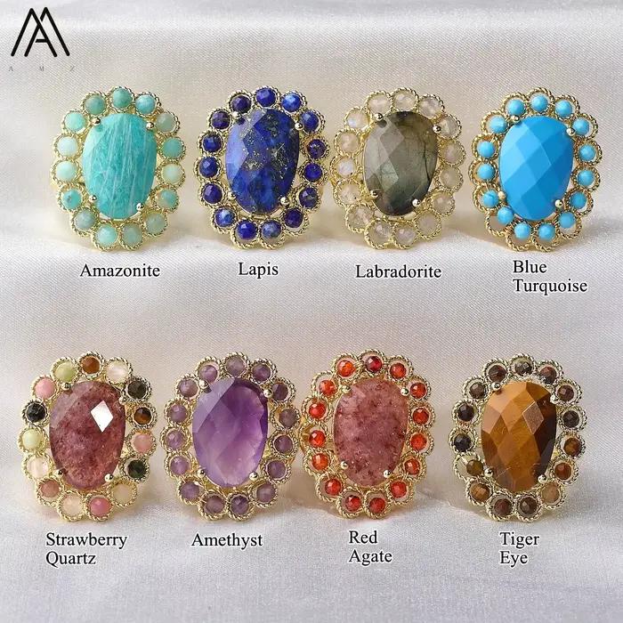 Bagues de déclaration bleu Turquoise pour femmes, style bohémien, pierres précieuses naturelles, réglables, de styliste, bijoux cadeaux pour fête de mariage