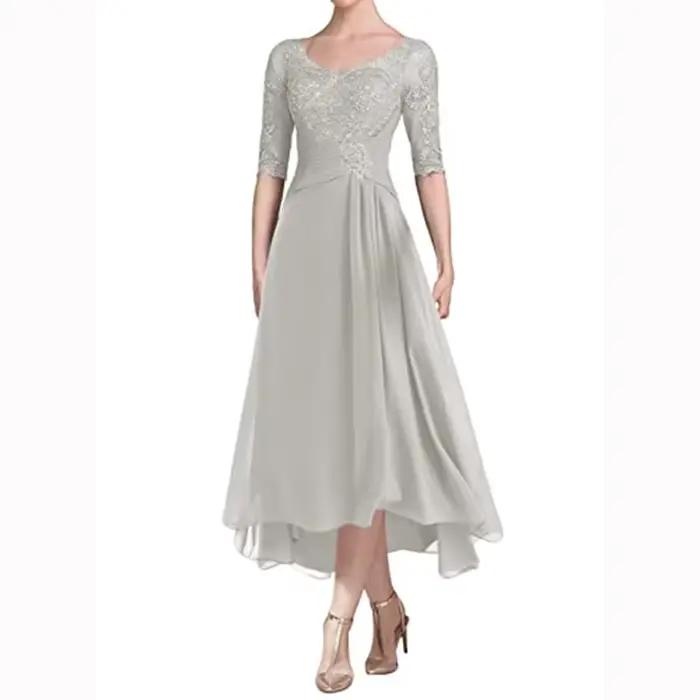 Robe de mère de la mariée en mousseline de soie et dentelle perlée, demi-manches, élégante pour les mariages et autres occasions spéciales