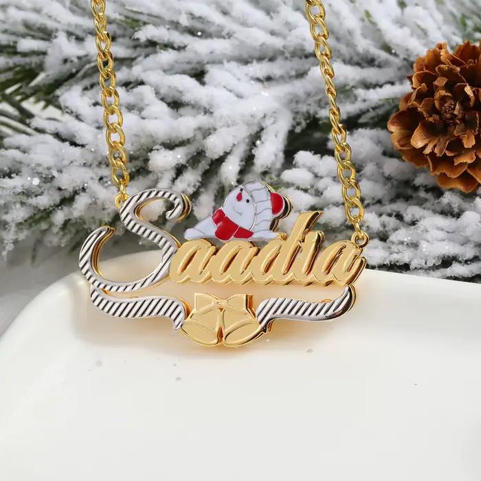 Bijoux festifs de noël pour femmes, collier avec nom personnalisé, bonhomme de neige et cloche de noël, Design personnalisé bicolore Double couche Pla