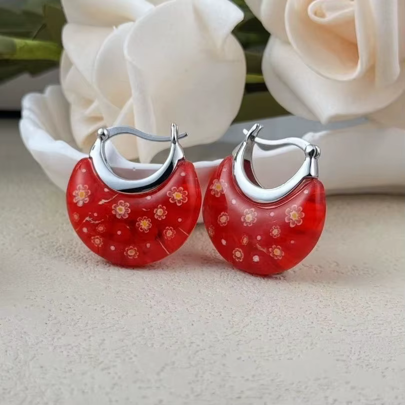 Boucles d'oreilles créoles en verre avec panier de Murano, marguerite, en acier inoxydable, cadeau d