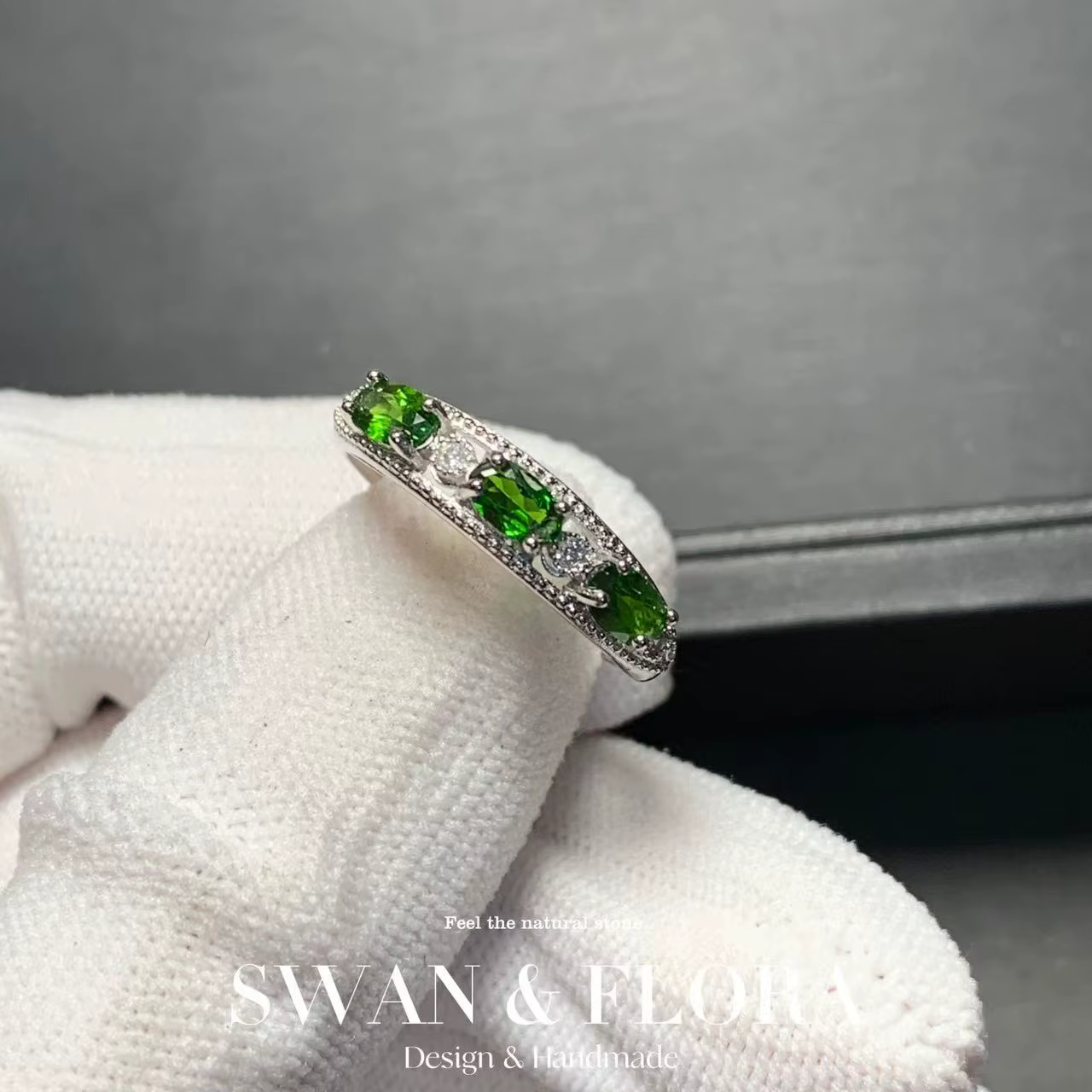 Bague diopside naturelle vintage pour femme, acier inoxydable, bijoux fins simples, pierre précieuse