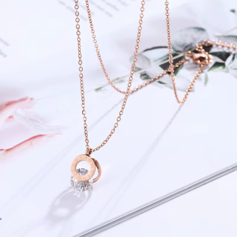 Collier pendentif double cercle en chiffres romains pour femme, bijoux en cristal brillant, acier in