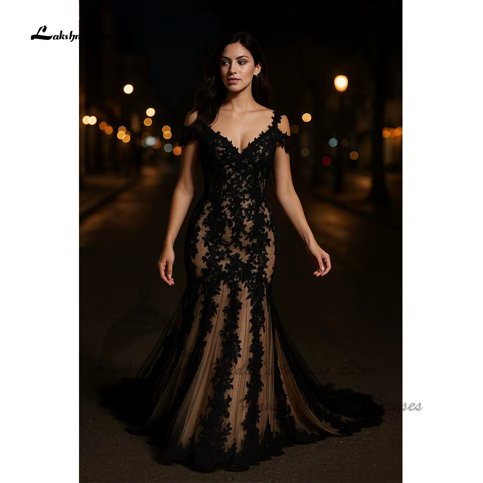Robes de mariée gothiques vintage noires Lakshmigown 2026, robes de mariée sirène en dentelle, col e