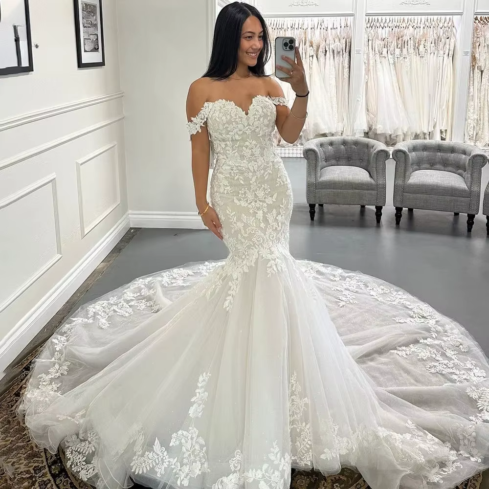 Superbe robe de mariée sirène chérie hors de l'épaule imprimé fleuri drapé robe de mariée Vestido de