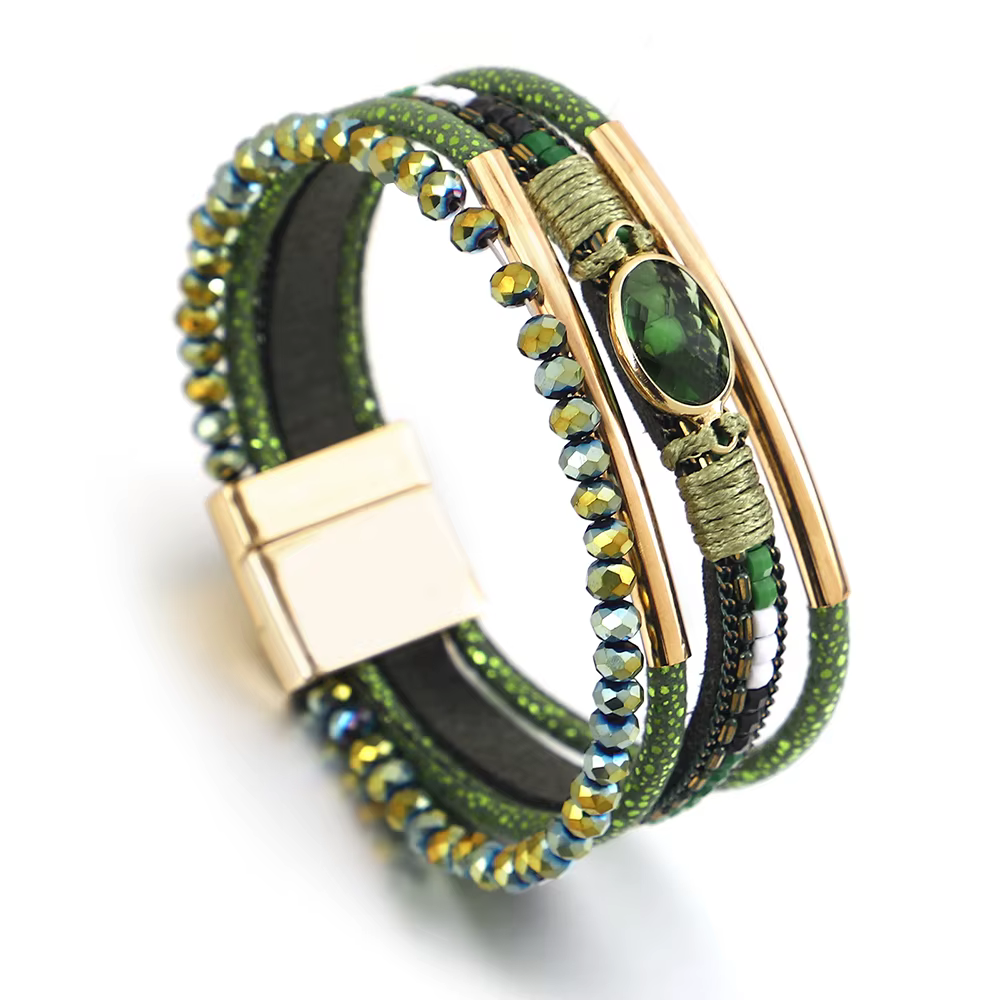 ALLYES – Bracelet en cuir perlé pour femmes, breloque en pierre de cristal, Tube métallique rétro tr