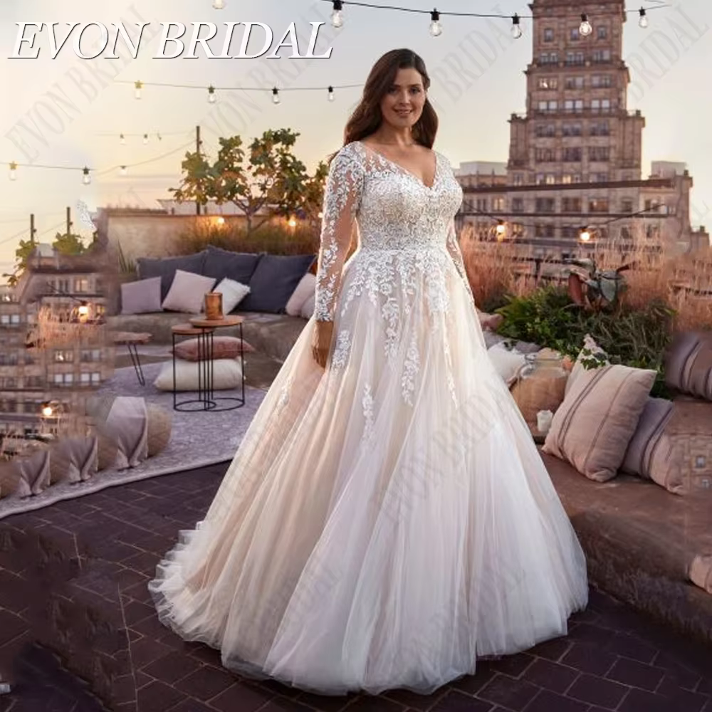 EVON BRIDAL-Robes de mariée à col en V à manches longues, robes de mariée grande taille, robe éducat