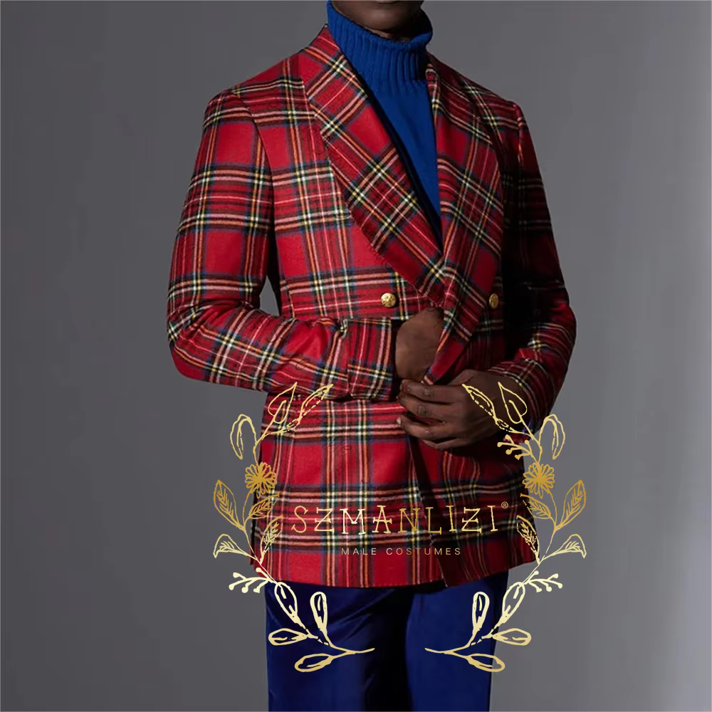 Veste classique à carreaux rouge pour hommes, costumes de fête formelle, 2 pièces, Tuxedos de marié 