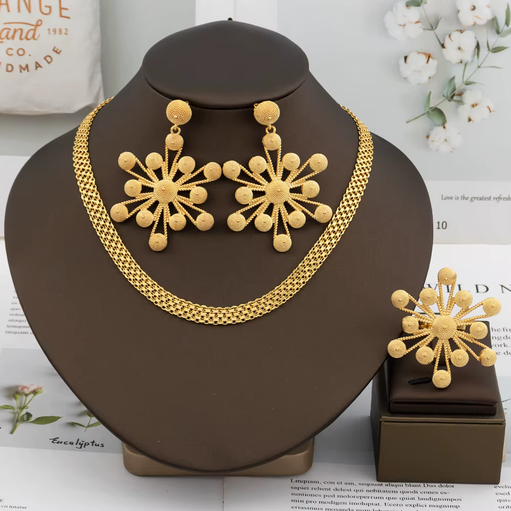 Ensemble de bijoux en or pour femmes, boucles d'oreilles éthiopiennes de Dubaï, pendentif, collier f