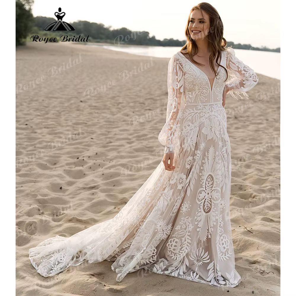 Robe de Mariée en Dentelle à Manches sulfpour Femme, Style Bohème, Hiphélicoptère, avec Glands Perso