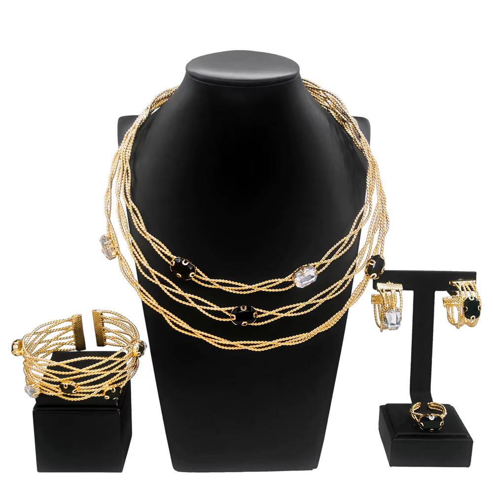 SYBathroom-Ensemble de Bijoux de Luxe pour Femme, Classique, Noir, Blanc, Strass, Plaqué Or, Collier