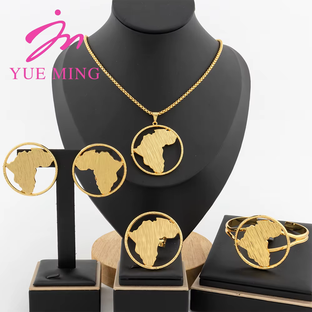 Ensemble de bijoux pour femmes, couleur or dubaï, pendentif carte africaine, 40cm, collier, boucles 