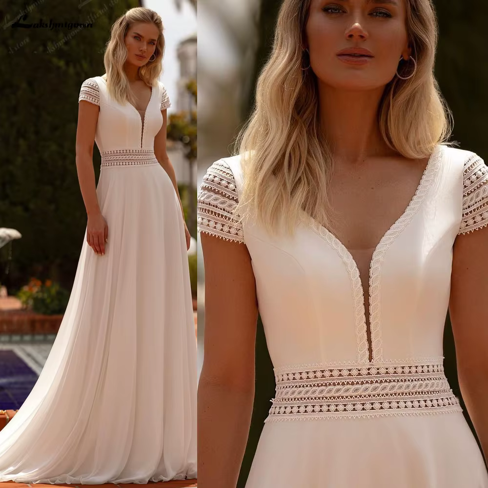 Yanshmigown-Robe de Mariée Trapèze en Mousseline de Soie, Manches Courtes, Décolmétrage en V Profond