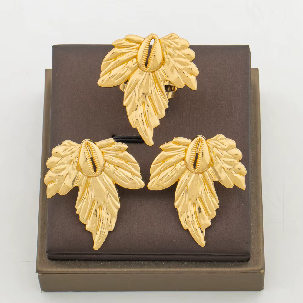 Ensemble de bijoux en or de Dubaï pour fête, boucles d'oreilles design cuir chevelu, bague cocktail,