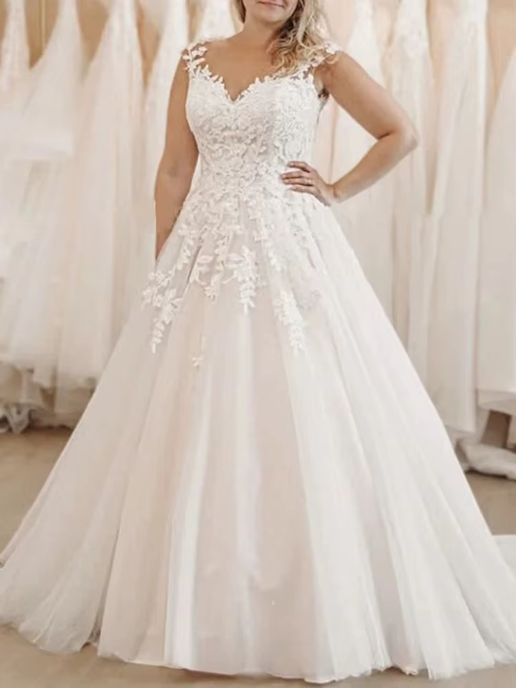 Robe De mariée trapèze grande taille, col en v, sans manches, avec des appliques florales, dos à lac