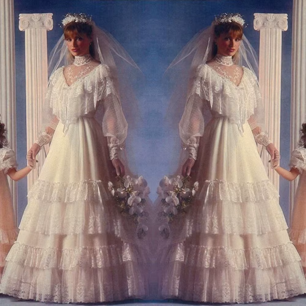 Robe de mariée victorienne Vintage à plusieurs niveaux, ligne A, col haut, manches longues, avec des