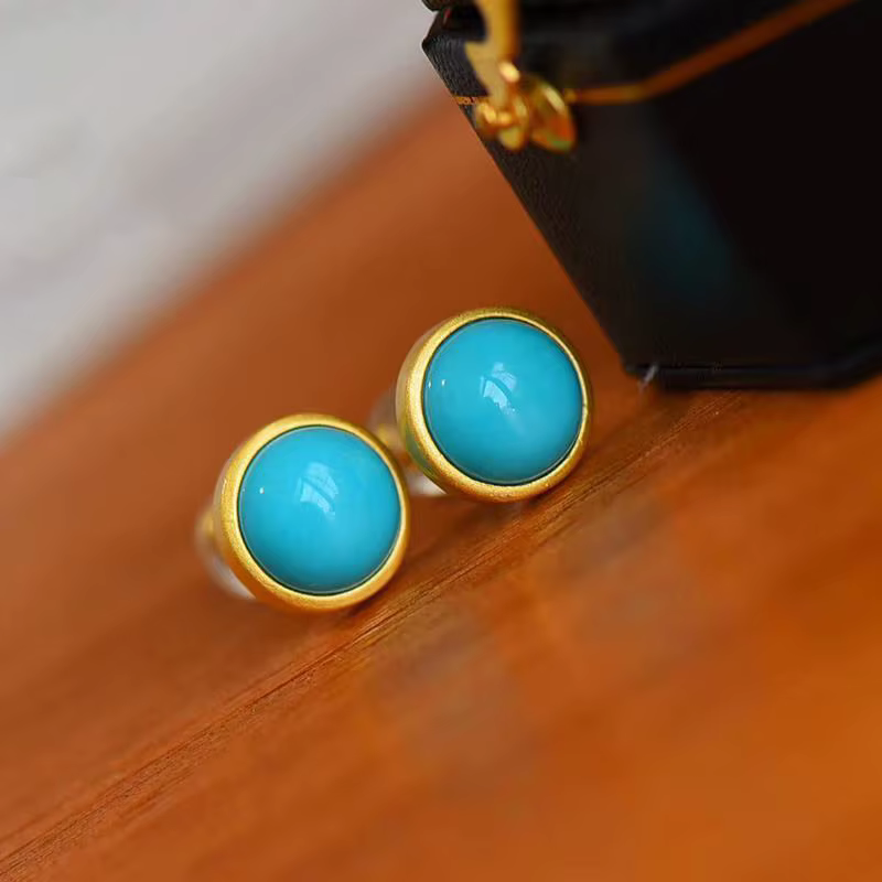 Boucles d'oreilles rondes turquoises incrustées en argent, rétro cool, breloque sable or léger, arti