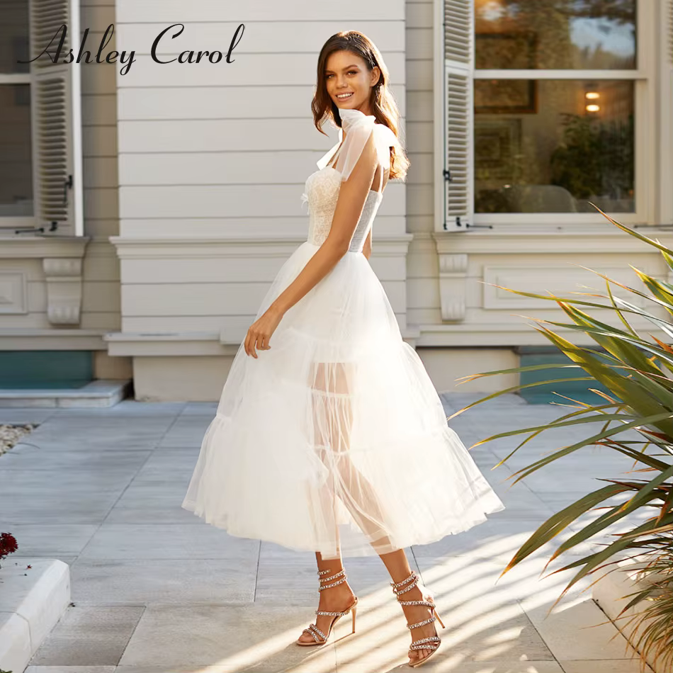 Ashley Carol-Robe de Mariée en Tulle, Tenue de Plage, Délicate, Mi-mollet, Chic, Froncée, en Dentell