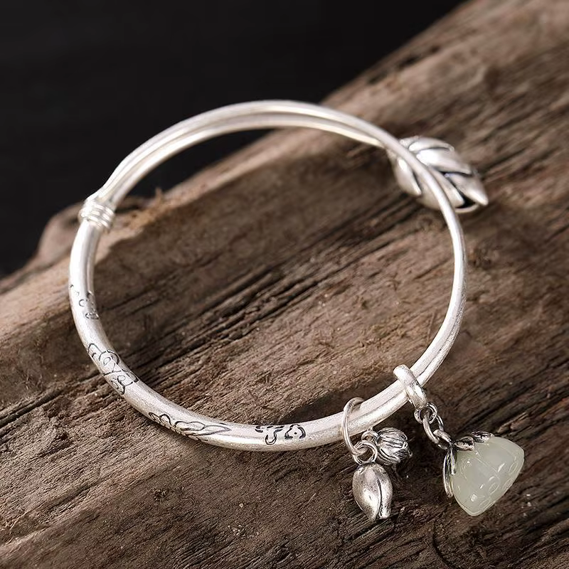 Bracelet en argent incrusté de calcédoine Hotan naturelle, fleur de lotus, classique chinois, élégan