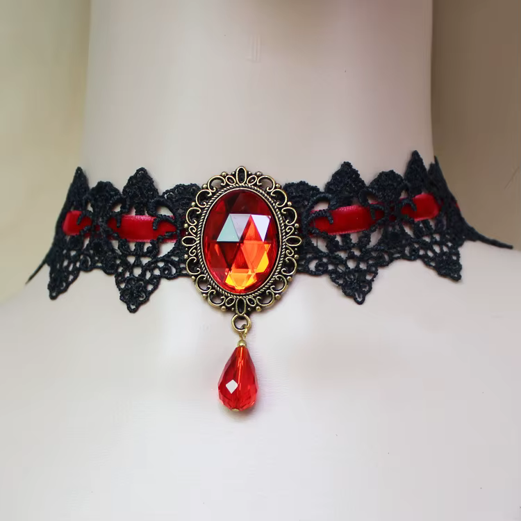 Collier ras du cou gothique victorien en dentelle noire, avec pompon en cristal, tatouage, Vintage, 