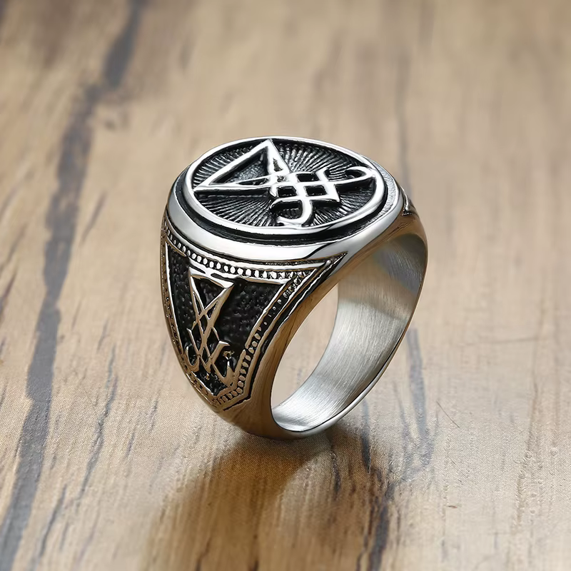 Bague chevalière Vintage couleur argent, Sigil de Lucifer pour hommes, sceau de Satan, bijoux mascul