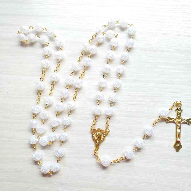 Collier chapelet catholique notre dame, pendentif croix Crucifix, Rose blanche, perles acryliques, c