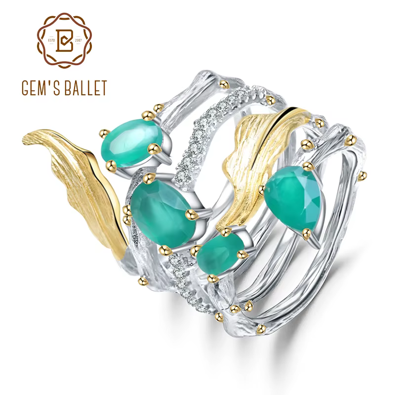 Bague de BALLET en argent Sterling 925 pour femmes, bague Vintage, néo-gothique, en Agate verte natu